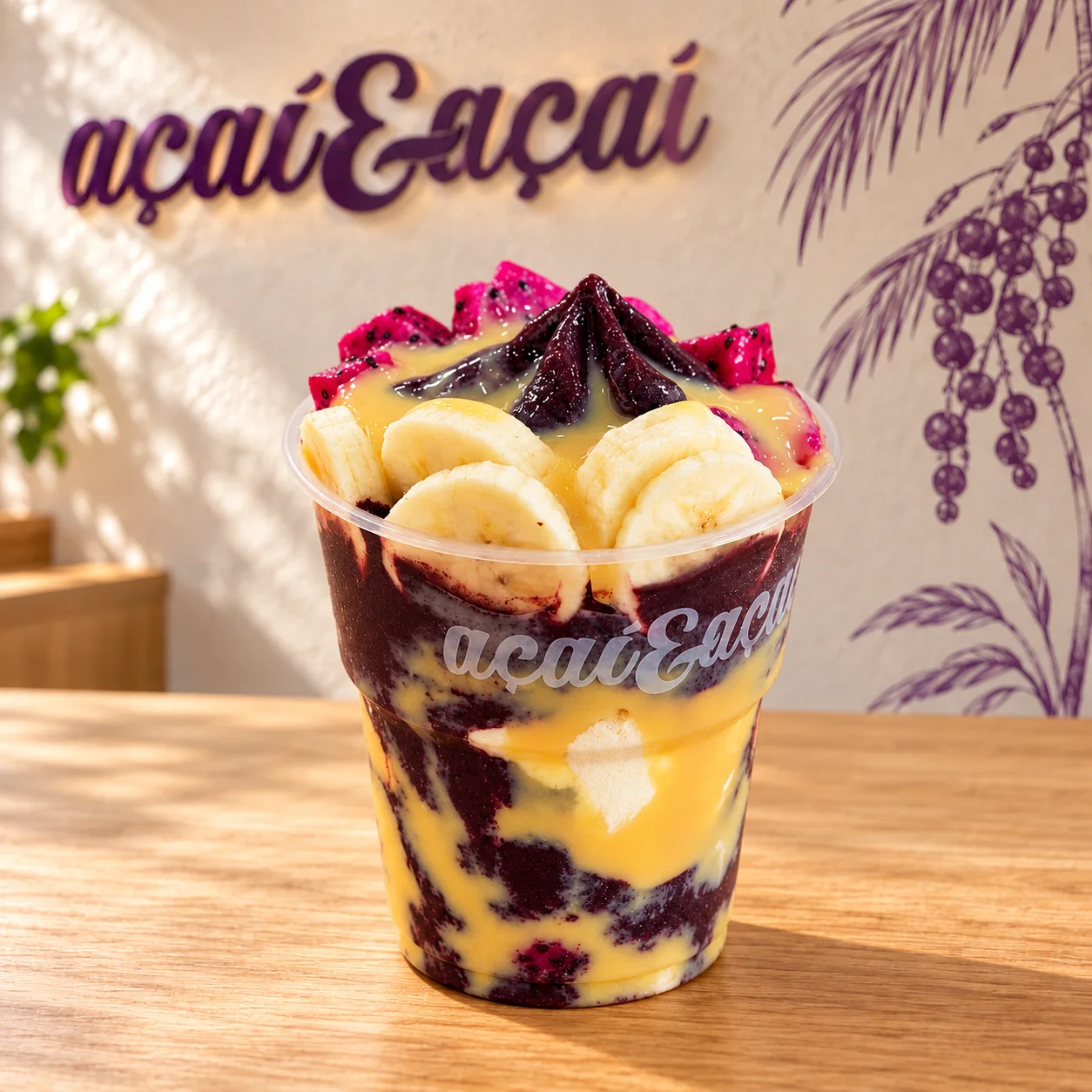 Copo de açaí com banana, pitaya e leite condensado na loja