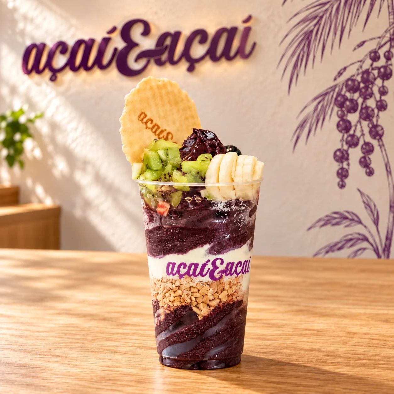 Copo de açaí com kiwi, banana e wafer na loja